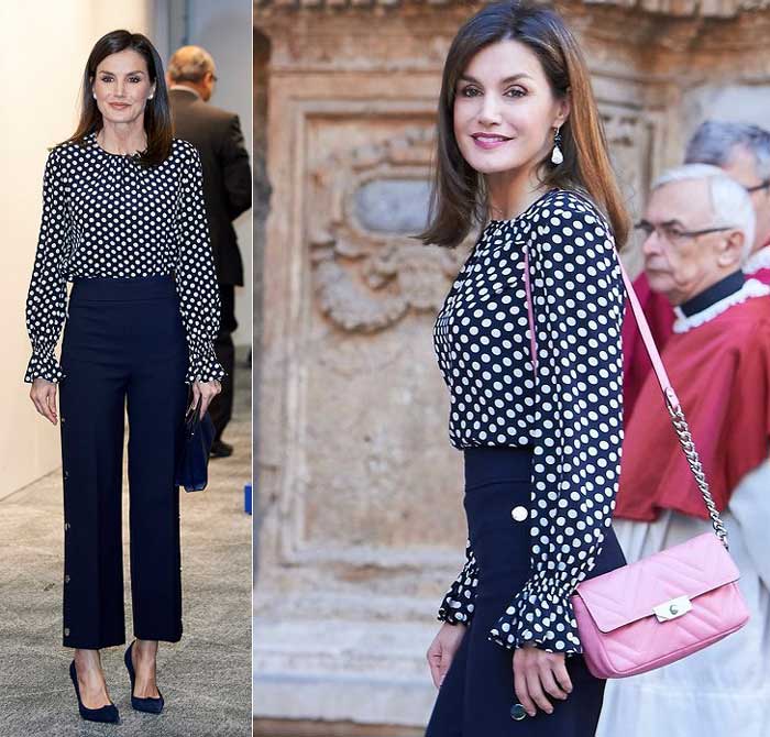 Queen Letizia in trendy polka dot blouse