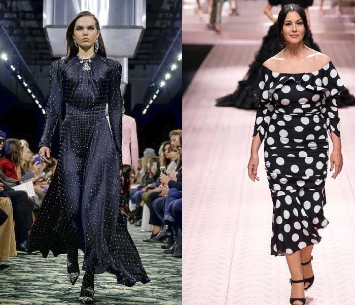 Fashionable dresses in different types of polka dots