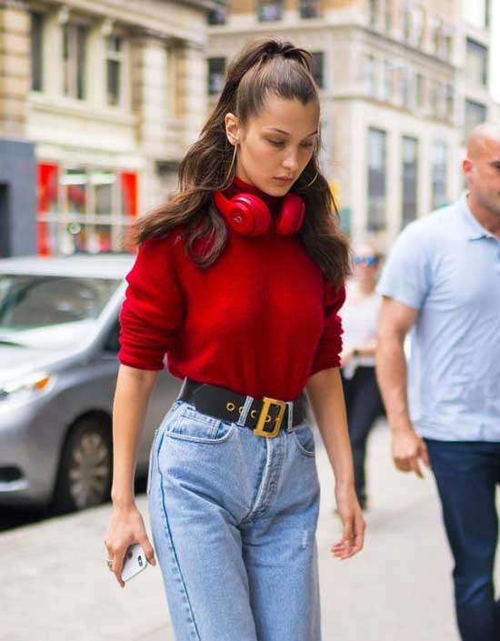 Bella Hadid in a red turtleneck and boyfriends