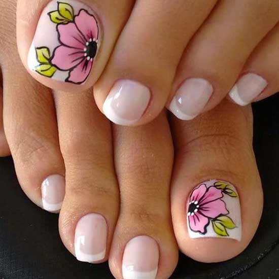 French pedicure with drawings of flowers