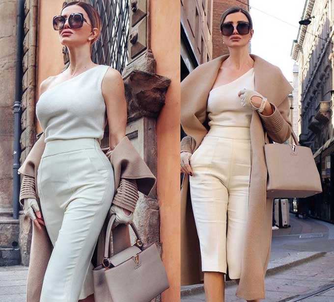 Girl in a beige one shoulder top