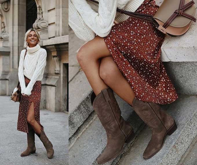 Silk skirt with sweater print and high boots