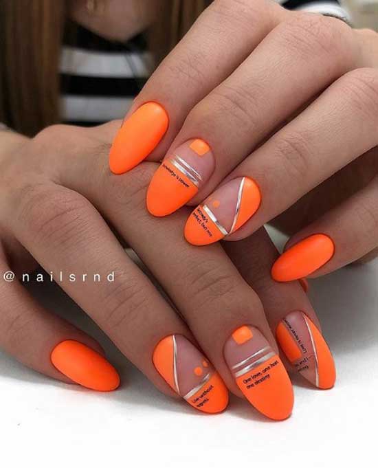 Bright orange manicure with foil