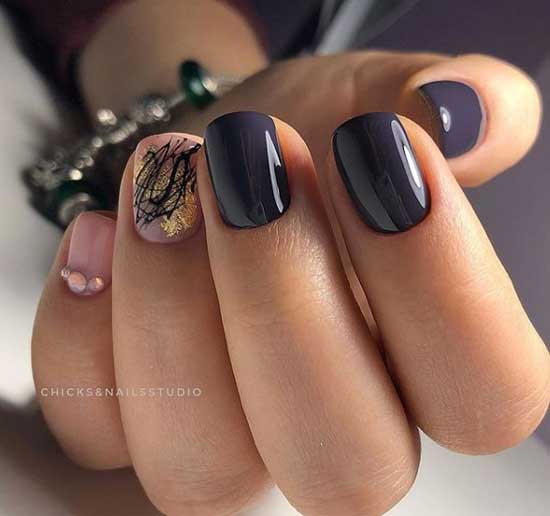 Dark manicure with gold foil and spiderweb