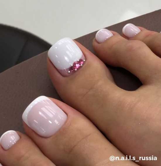 French pedicure and pink rhinestones