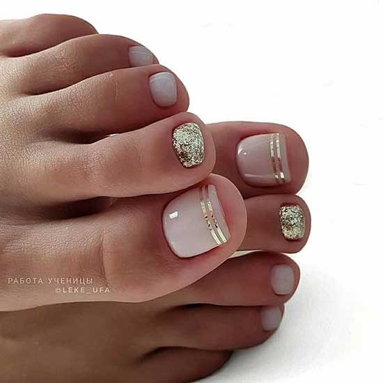 French pedicure with gold stripes