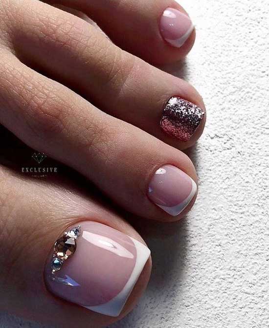 French pedicure with rhinestones