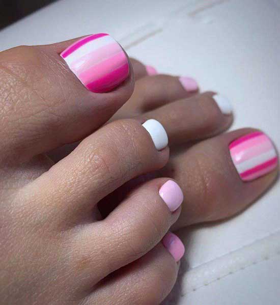 White and pink pedicure with stripes