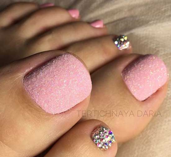 Hot pink pedicure and rhinestones