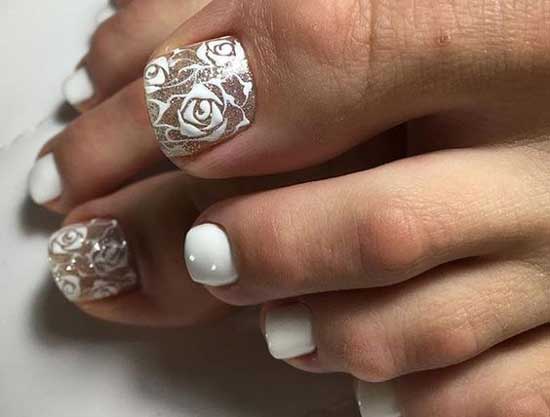 Bright white pedicure with monograms