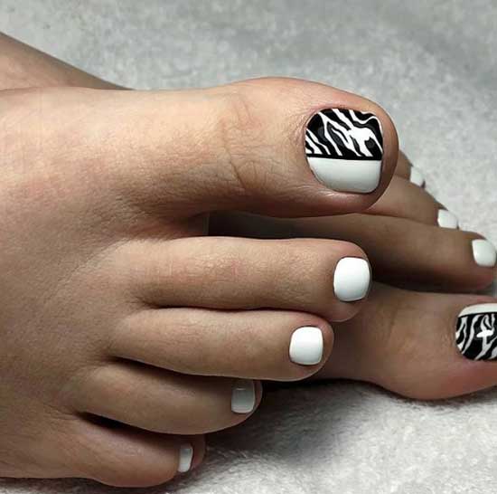 White pedicure with print 2019-2020