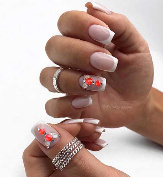 French with colored beads on the transparent space of the nail