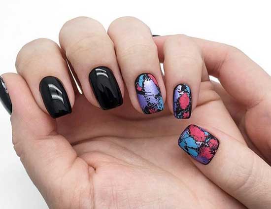 Black autumn nail design with foil