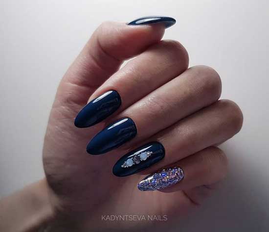 Dark nail design with rhinestones