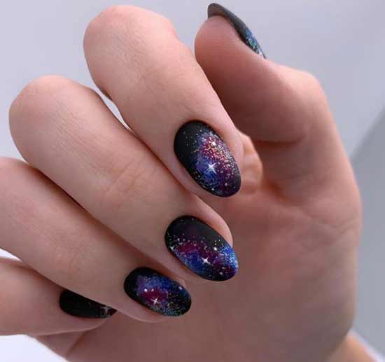 Dark manicure with a picture photo