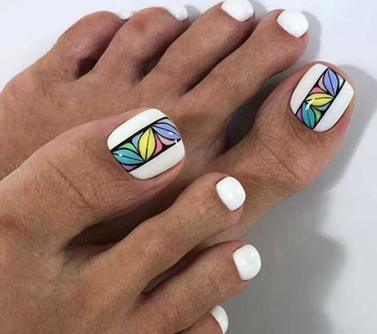 White pedicure with abstraction