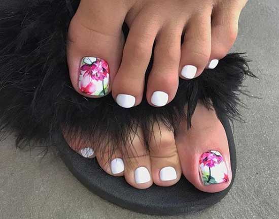 White pedicure with peonies