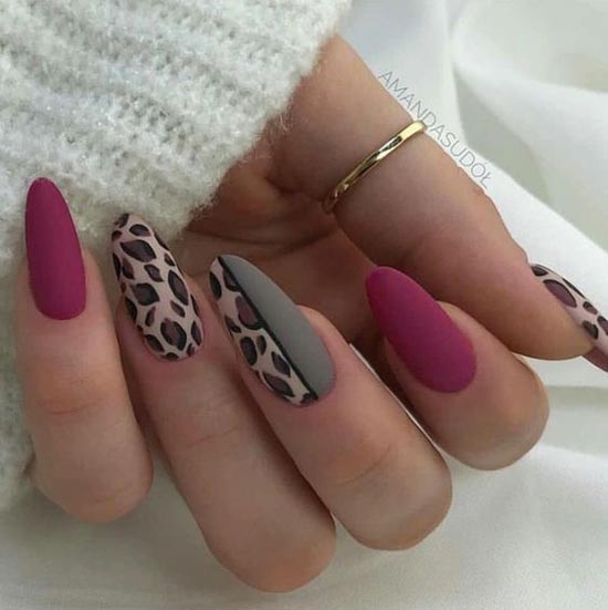 Violet gray leopard manicure