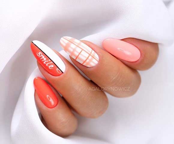 Cell and stripe in almond shaped manicure design