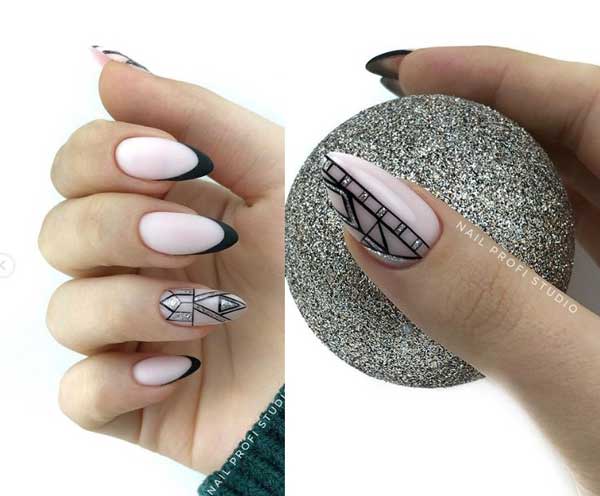 Graphics, French on almond-shaped nails