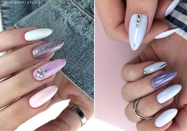 Almond-shaped manicure with shiny decor