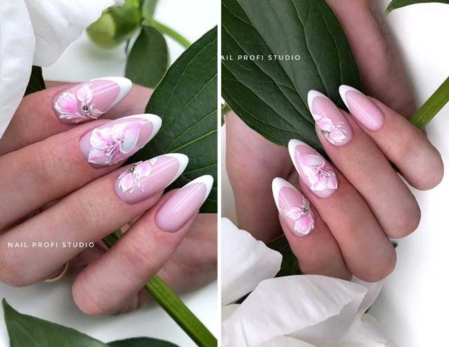 Take flowers in an almond-shaped manicure