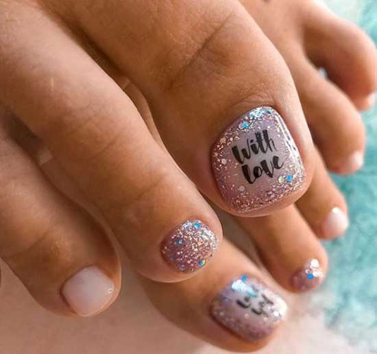 Glitter pedicure and lettering