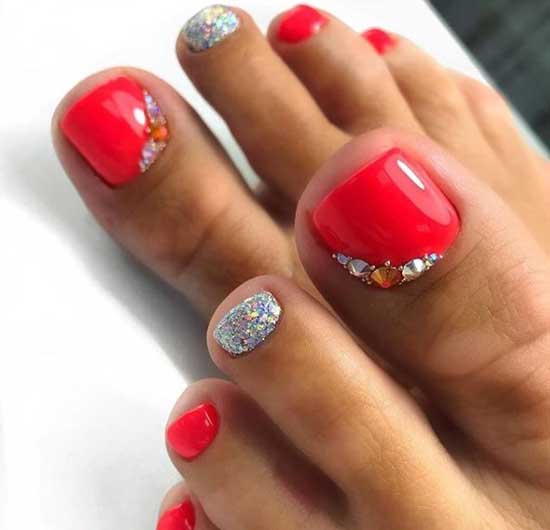 Red pedicure with glitter