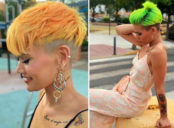 Haircuts with shaved temples painted in bright colors