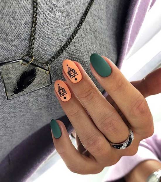 Orange green nail design with geometry