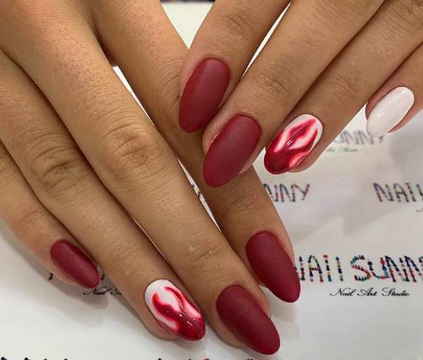 Red matte oval nails design