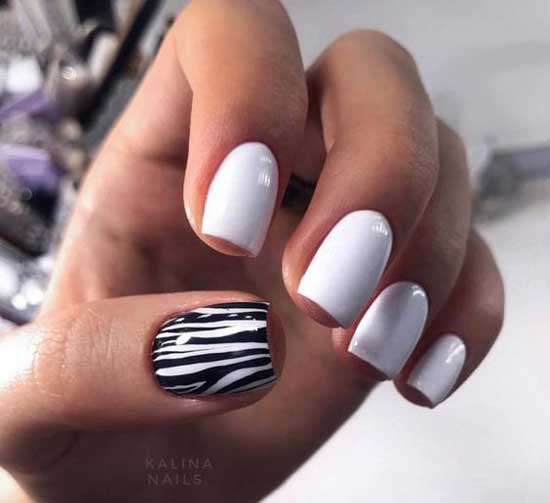 White manicure on short nails with print