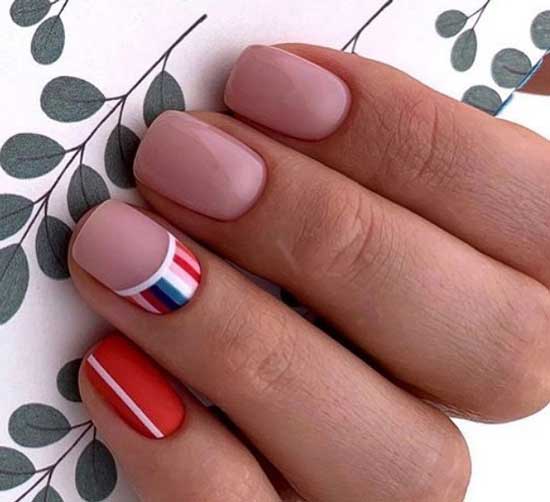 Beige and red manicure for short nails