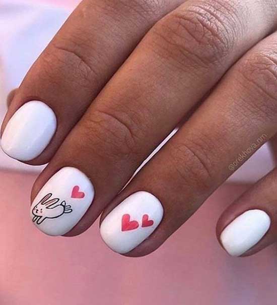 White manicure with a pattern for short nails