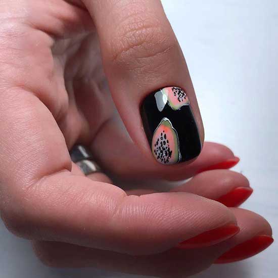 Rouge avec du noir - dessins d'ongles courts