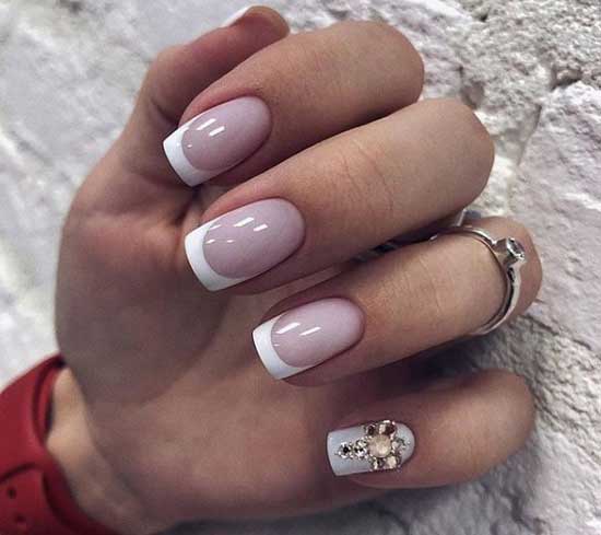 French manicure inlaid with rhinestones