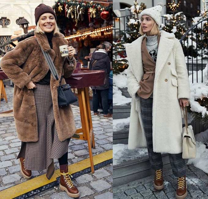 Faux fur coat and with rough brown boots