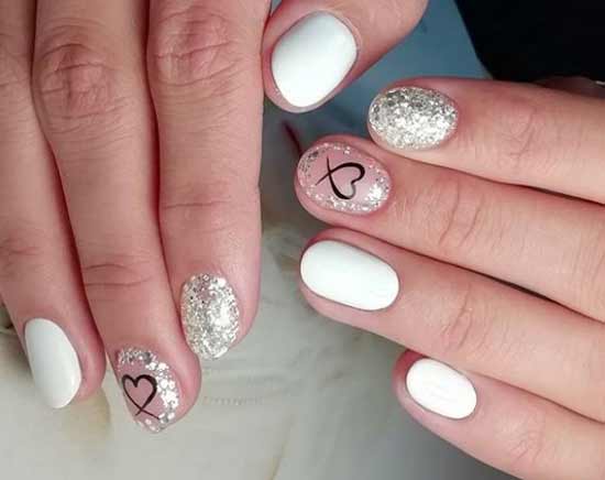 White manicure with gold sequins and pattern