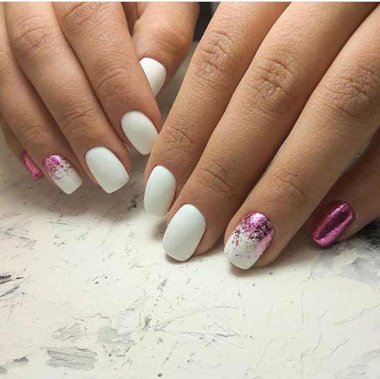 White manicure with purple glitters