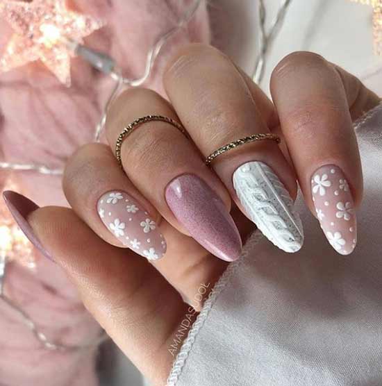 Volumetric winter elements on a white background of nails