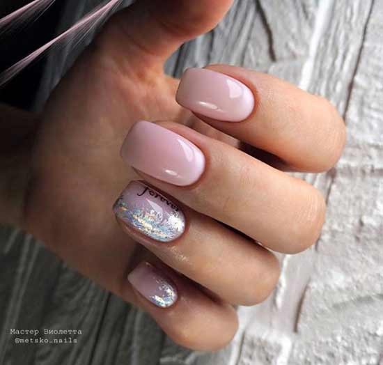 Short manicure nude background with foil