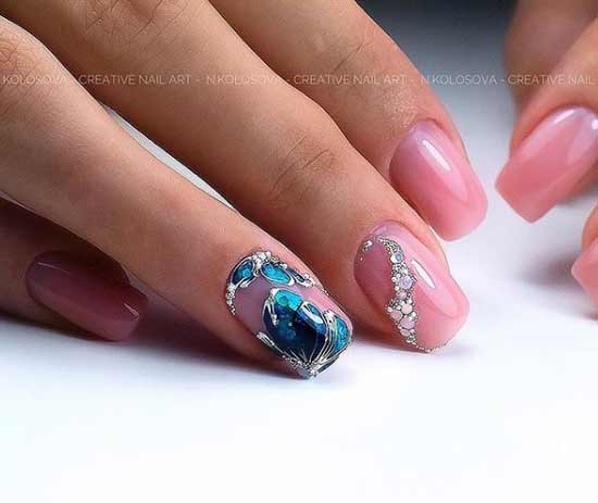 Nude manicure short nails and rhinestones and