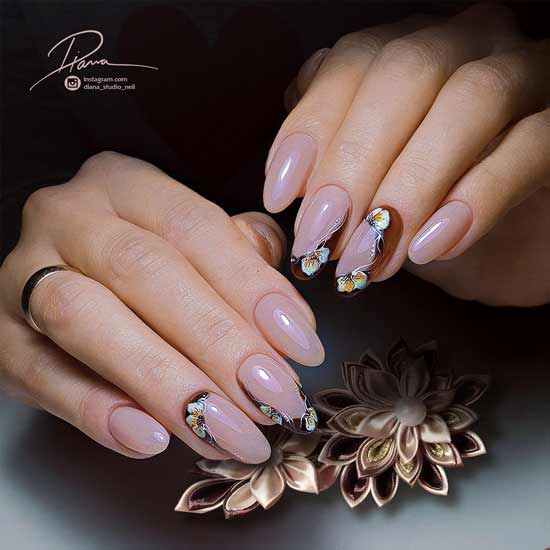 Nude manicure with floral print