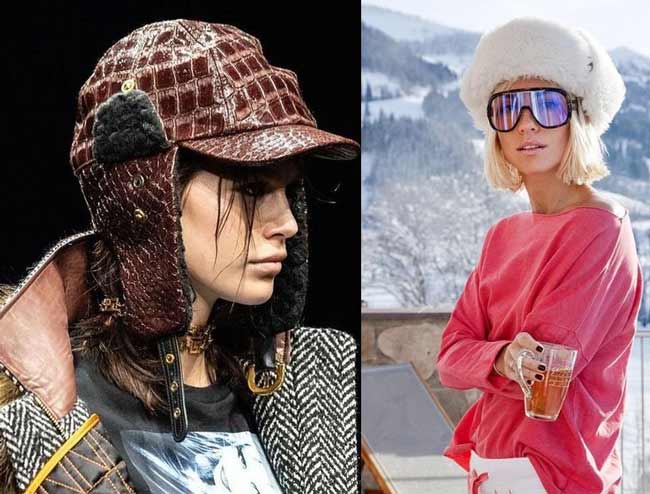 Fashionable hats with earflaps made of leather and fur