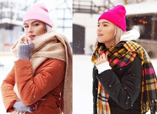 Bright beanie with down jacket