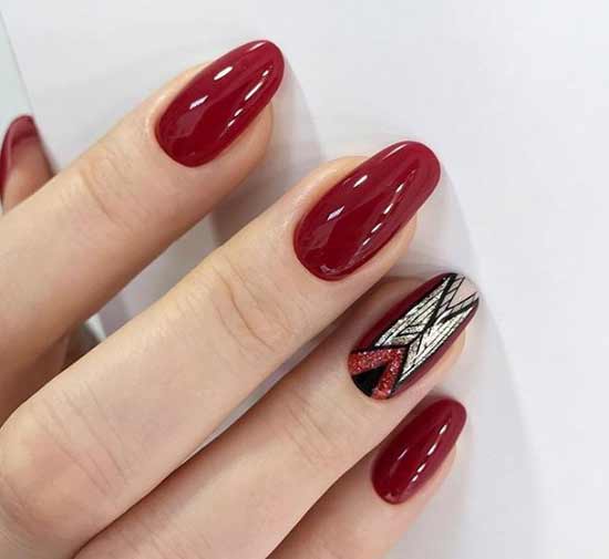 Dark red manicure with silver