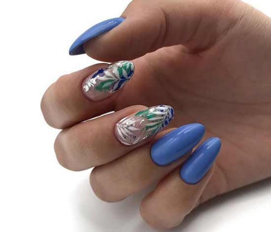 Blue manicure with silver leaves