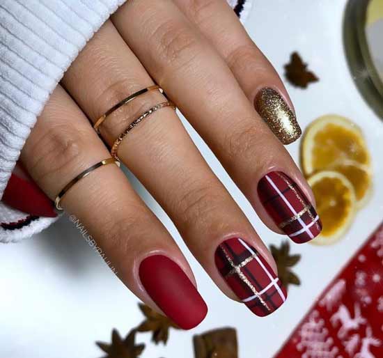 Burgundy check manicure