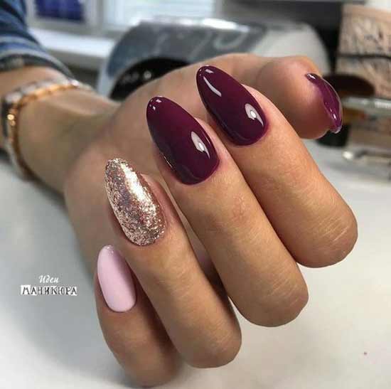 Burgundy manicure with pink and gold