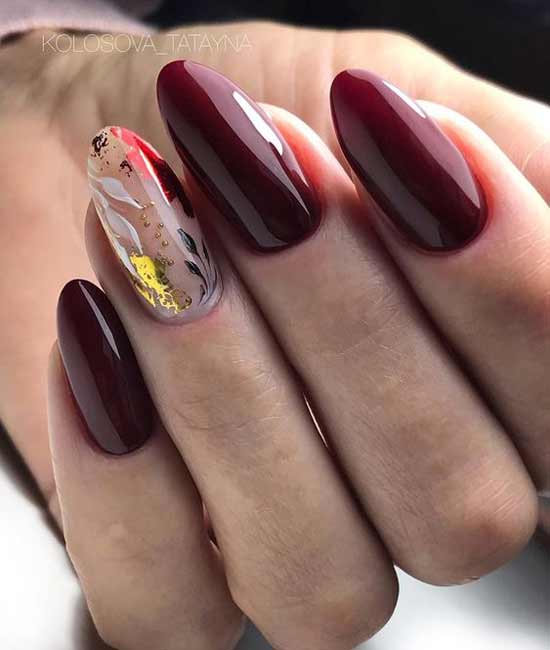 Design of burgundy nails with foil